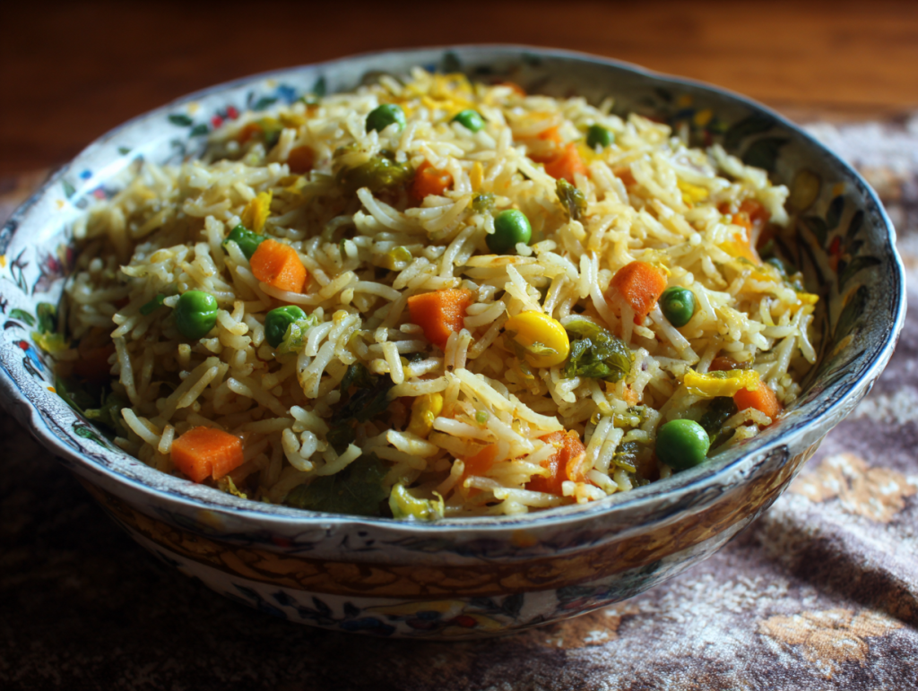 A bowl of Hare Krishna Veg Fried Rice in an earthen bowl just offered to Krishna.